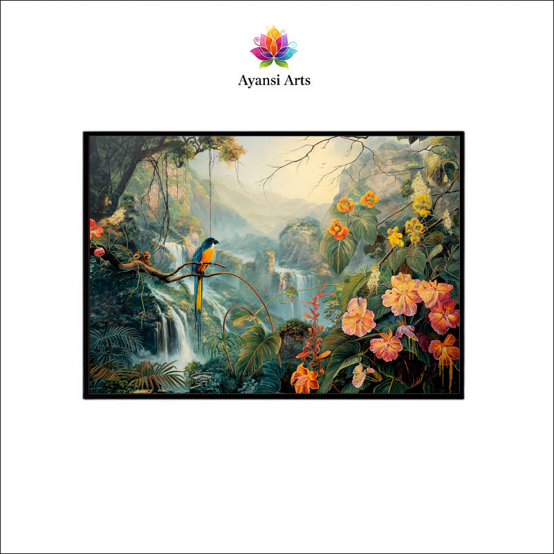 Oil Painted Tropical Macaw in a Lush Jungle Canvas Digital Painting