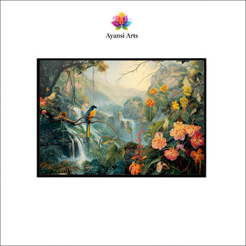 Oil Painted Tropical Macaw in a Lush Jungle Canvas Digital Painting
