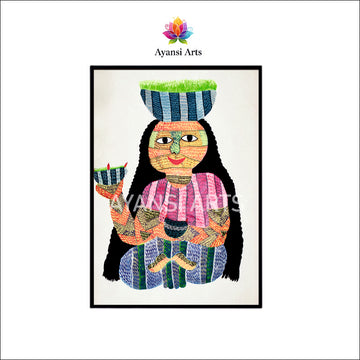 Tribal Woman with Bowls Canvas Painting by Ayansi Arts