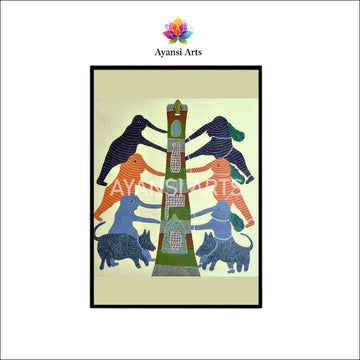 Gond Art Community and Totem Canvas Painting Art by Ayansi Arts