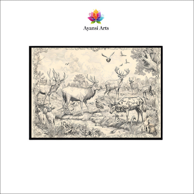 Sylvan Gathering Canvas Digital Painting - Vintage Style Deer and Wildlife Scene