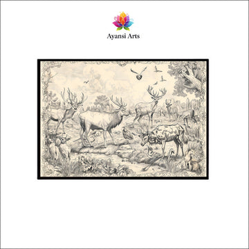 Sylvan Gathering Canvas Digital Painting - Vintage Style Deer and Wildlife Scene