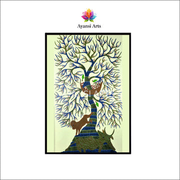 Gond Art Vibrant Tree with Animals Canvas Painting by Ayansi Arts
