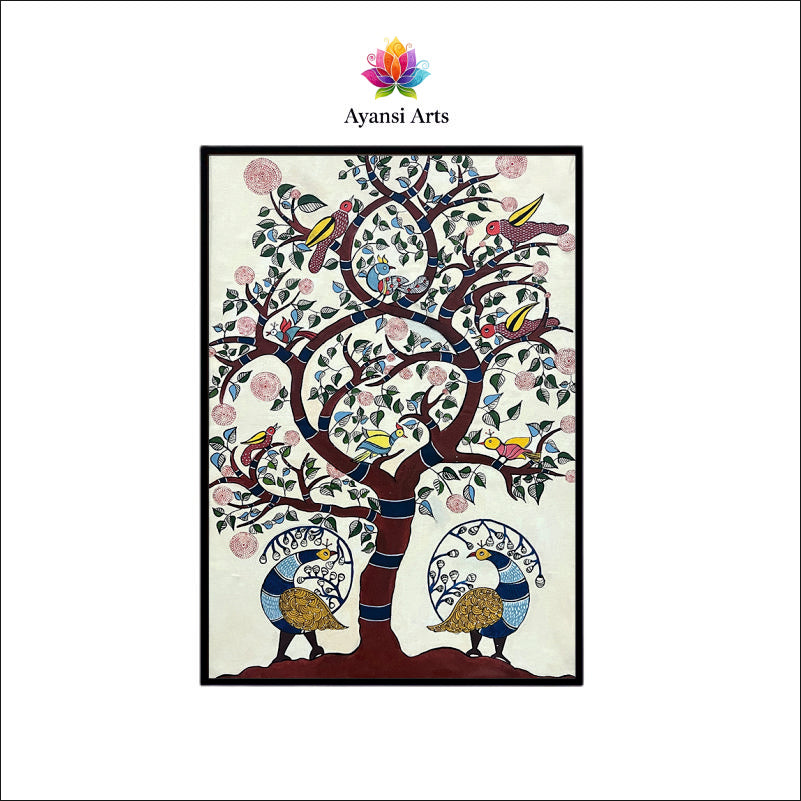 Vibrant Tree of Life with Peacocks & Birds Tribal Canvas Digital Art Painting by Ayansi Arts
