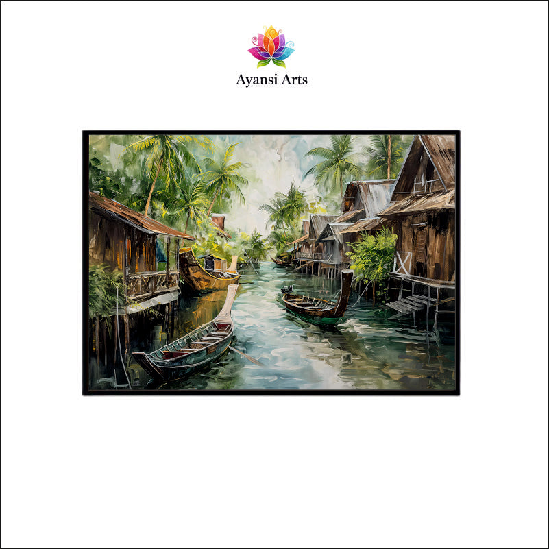 Oil Painted Floating Village Canal Canvas Digital Painting