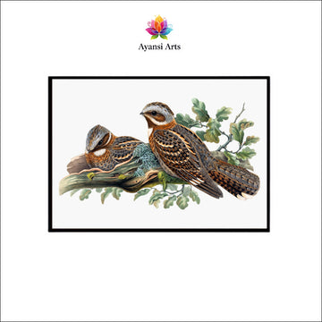 Nightjar Duo Canvas Digital Painting - Perched Birds with Oak Leaves