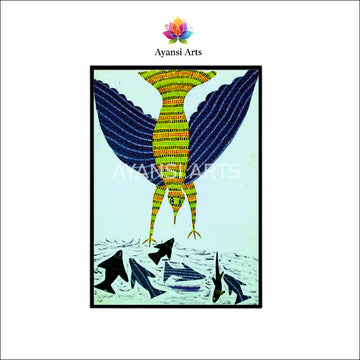Gond Art Bird Fishing Canvas Painting by Ayansi Arts