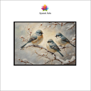 Winter Trio: Birds on a Snowy Branch Canvas Painting