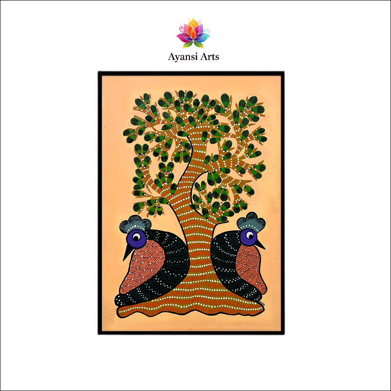 Madhubani Birds under Sacred Tree  Canvas Digital Art Painting by Ayansi Arts