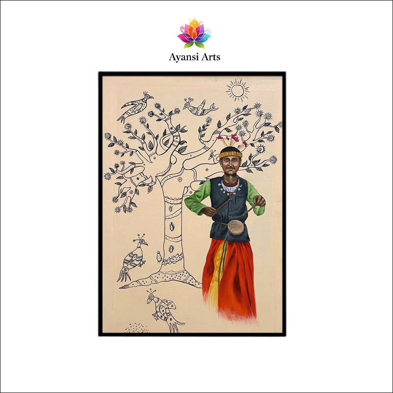 Rhythm of the Forest: Tribal Musician & Tree of Life Canvas Digital Painting Canvas Art by Ayansi Arts