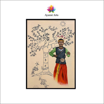 Rhythm of the Forest: Tribal Musician & Tree of Life Canvas Digital Painting Canvas Art by Ayansi Arts