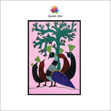 Gathering of Peacocks under Vibrant Tree Canvas Digital Art Painting by Ayansi Arts