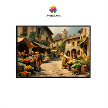 Oil Painted European Town Square Market Canvas Digital Painting