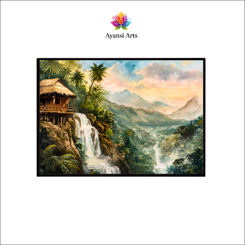 Oil Painted Tropical Waterfall Retreat Canvas Digital Painting