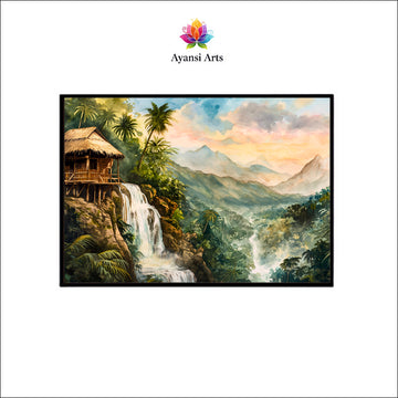 Oil Painted Tropical Waterfall Retreat Canvas Digital Painting