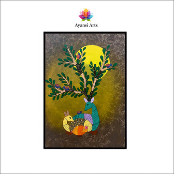 Luminous Deer Family under Moonlit Tree Tribal Canvas Digital Art Painting by Ayansi Arts