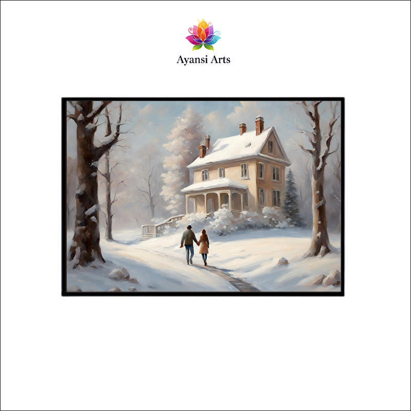 Winter's Embrace: A Couple's Snowy Homestead Canvas Painting