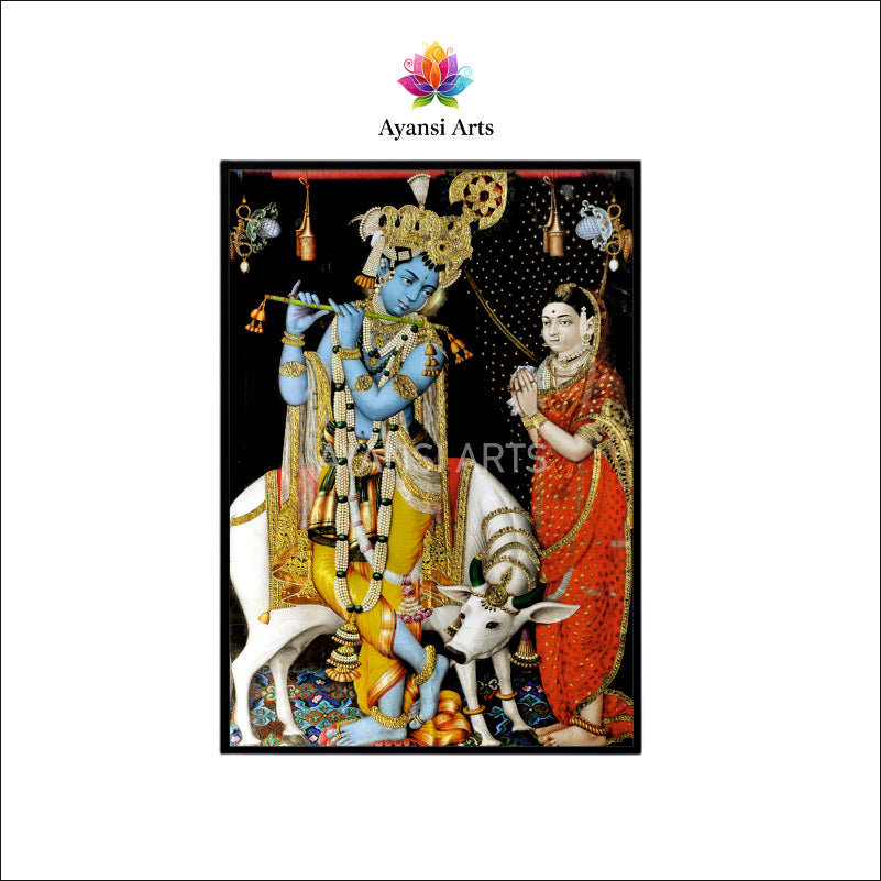 Krishna and Radha with Nandini Canvas Painting by Ayansi Arts