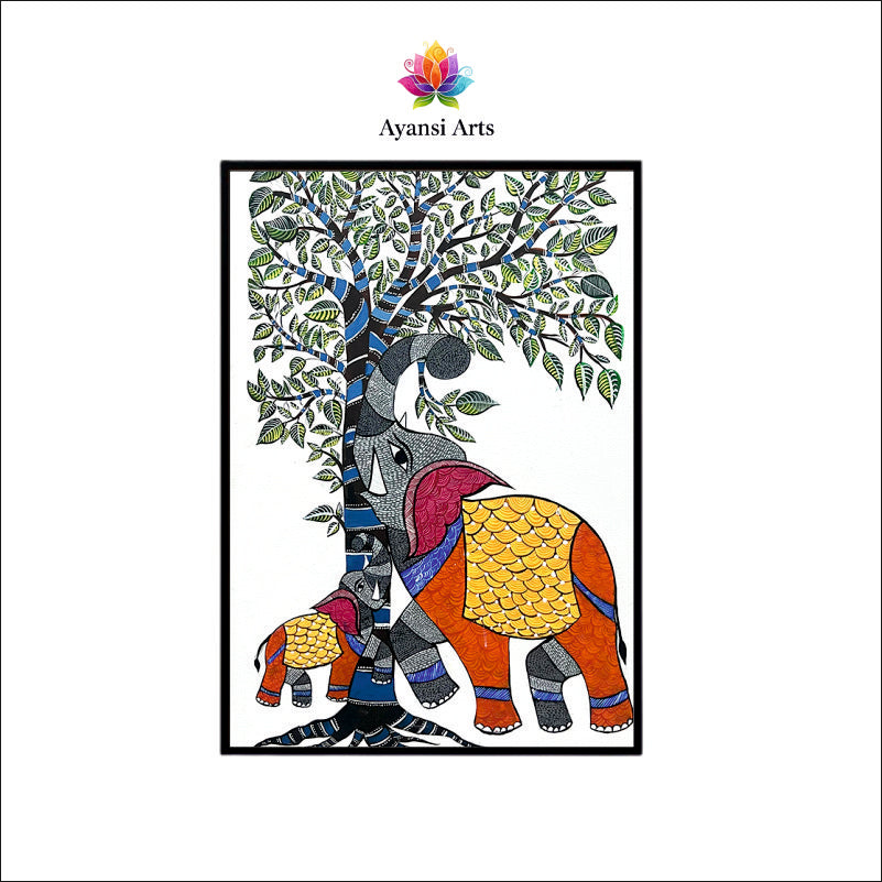 Madhubani Elephant Family under Tree Canvas Digital Art Painting by Ayansi Arts