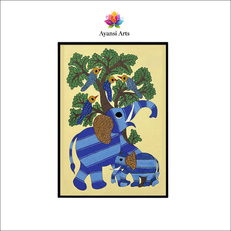 Elephant Family & Avian Friends Canvas Digital Painting Canvas Art by Ayansi Arts
