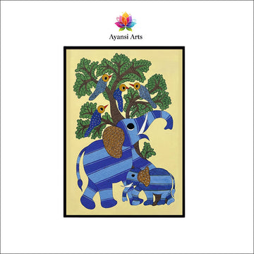 Elephant Family & Avian Friends Canvas Digital Painting Canvas Art by Ayansi Arts