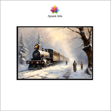 Winter Journey: A Vintage Train in a Snowy Landscape Canvas Painting