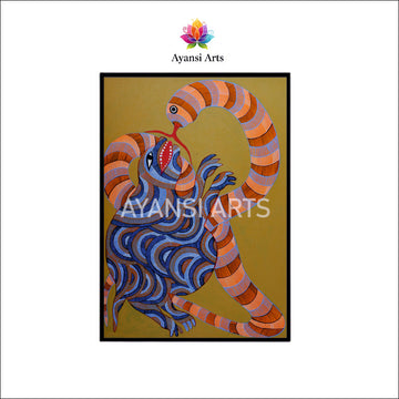 Gond Art Mongoose and Snake  Canvas Digital Painting Art by Ayansi Arts