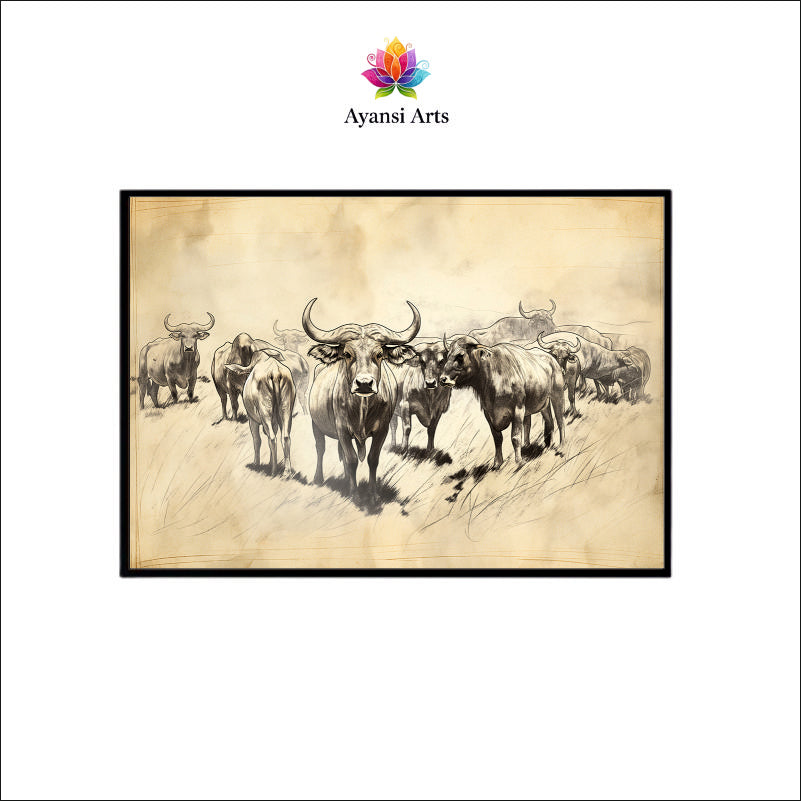Dusty Herd Canvas Digital Painting - Charcoal Style Buffalo Gathering