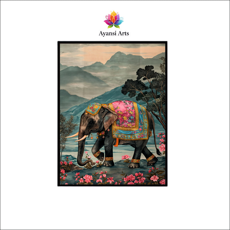 Regal Passage: Embellished Elephant in Mystical Mountains - Ayansi Arts