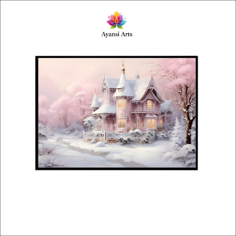 Pink Winter Dream: A Snow-Kissed Victorian House Canvas Painting