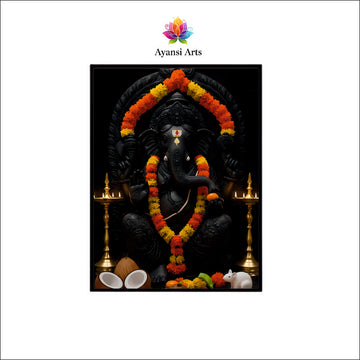 Auspicious Black Marble Ganesha - Traditional Puja Canvas Art by Ayansi Arts
