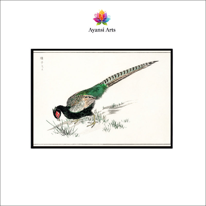Foraging Pheasant Canvas Digital Painting - Japanese Woodblock Style