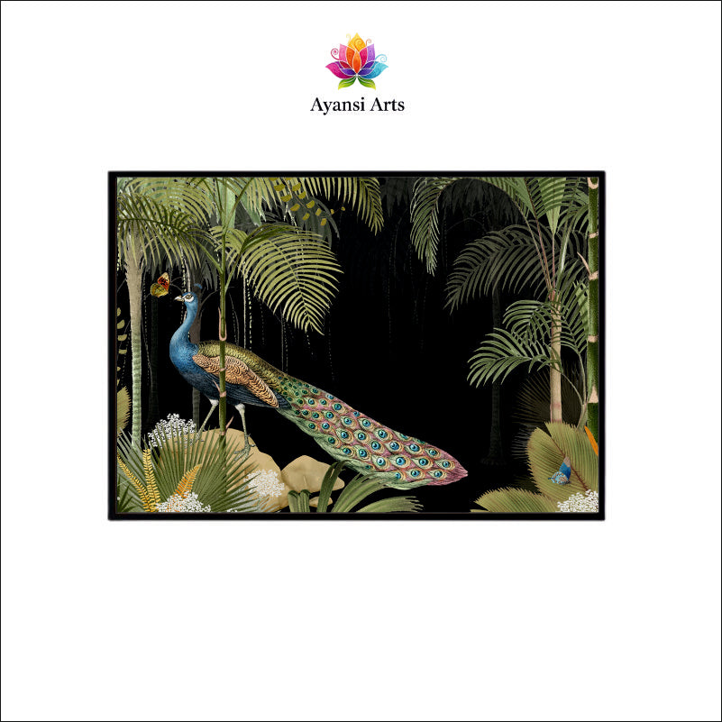 Midnight Peacock Canvas Digital Painting - Tropical Night Scene