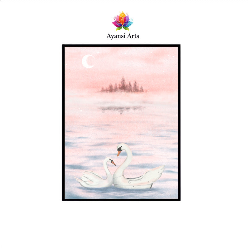 Moonlit Serenade: Swans on a Dream Lake Canvas Digital Painting by Ayansi Arts