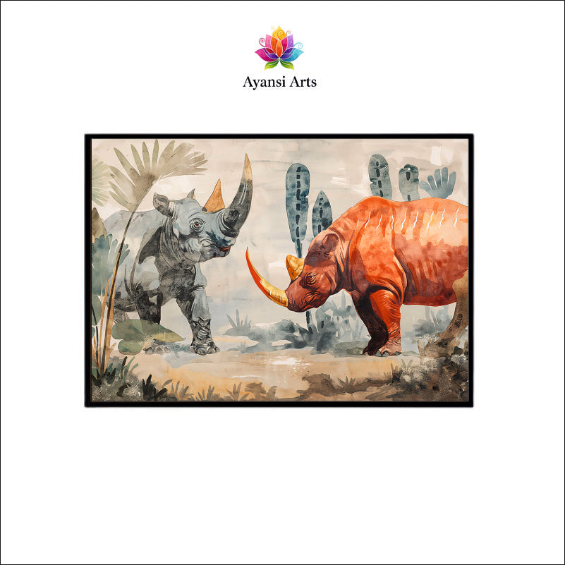 Terra Cotta Encounter Canvas Digital Painting - Watercolor Rhinoceros Duo