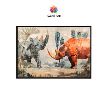 Terra Cotta Encounter Canvas Digital Painting - Watercolor Rhinoceros Duo
