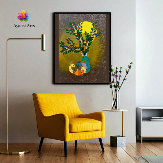 Luminous Deer Family under Moonlit Tree Tribal Canvas Digital Art Painting by Ayansi Arts