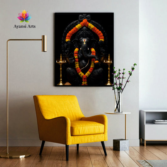 Auspicious Black Marble Ganesha - Traditional Puja Canvas Art by Ayansi Arts