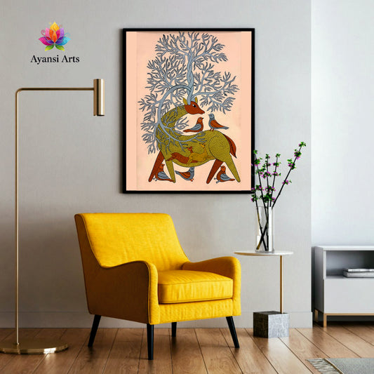 Enigmatic Deer with Tree Antlers & Birds Canvas Digital Art Painting by Ayansi Arts