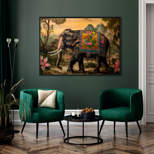 Regal Journey Canvas Digital Painting - Decorated Elephant in Landscape