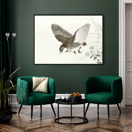 Descending Quail Canvas Digital Painting - Japanese Woodblock Style