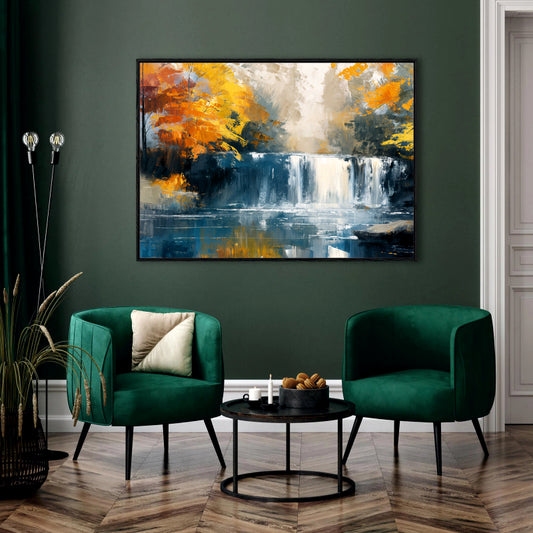 Golden Cascade Abstract Canvas Digital Painting - Autumnal Waterfall