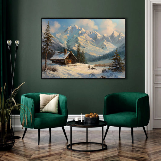 Oil Painted Winter Cabin in the Mountains Canvas Digital Painting