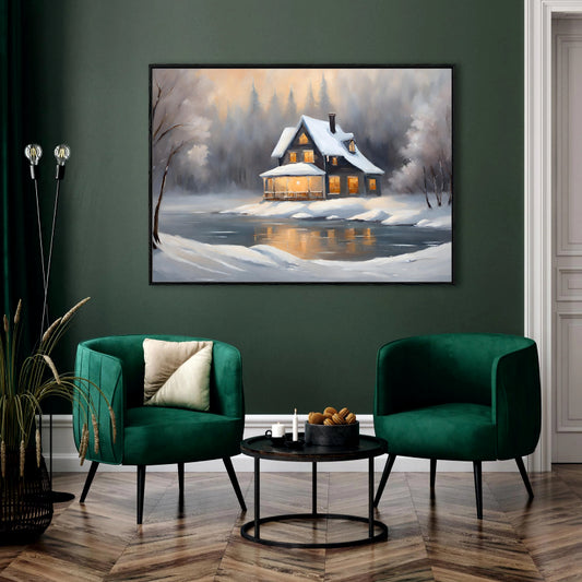 Reflections of Winter: A Cozy Lakeside Cabin Canvas Painting