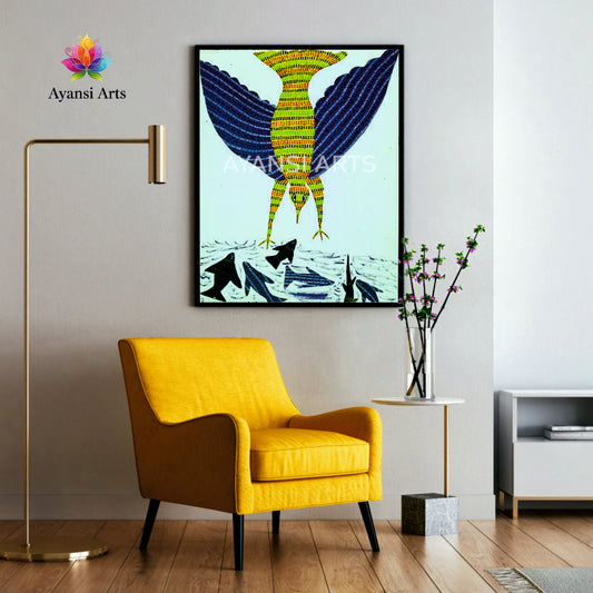 Gond Art Bird Fishing Canvas Painting by Ayansi Arts