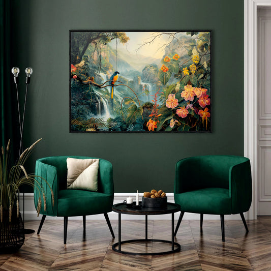 Oil Painted Tropical Macaw in a Lush Jungle Canvas Digital Painting