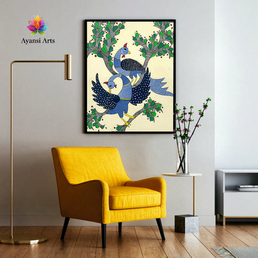 Madhubani Birds on Tree Digital Canvas Art by Ayansi Arts
