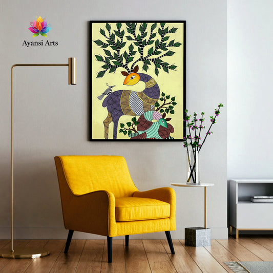 Deer Family under the Sacred Tree  Tribal Canvas Digital Painting Canvas Art by Ayansi Arts
