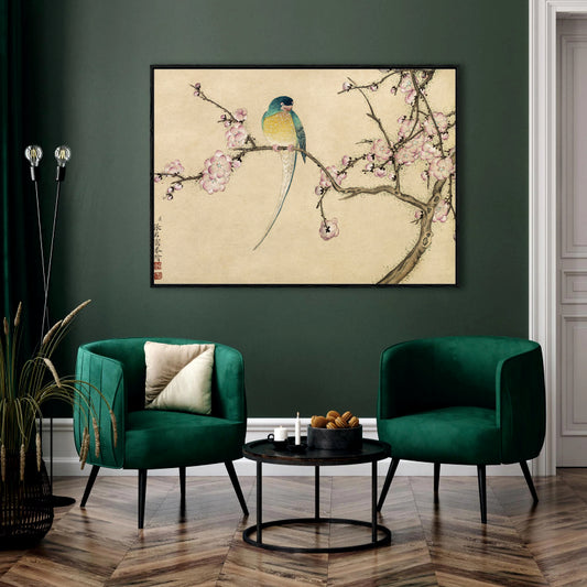 Spring Serenade Aesthetic Canvas Digital Painting - Bird on Blossoming Branch
