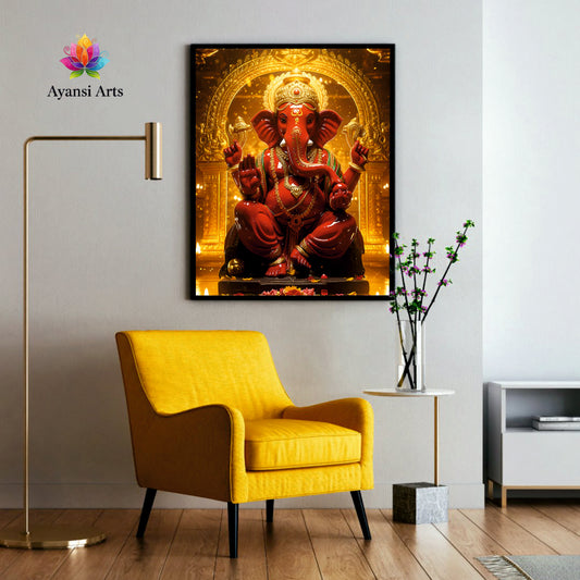 Auspicious Red Ganesha - Golden Abundance Canvas Art  by Ayansi Arts